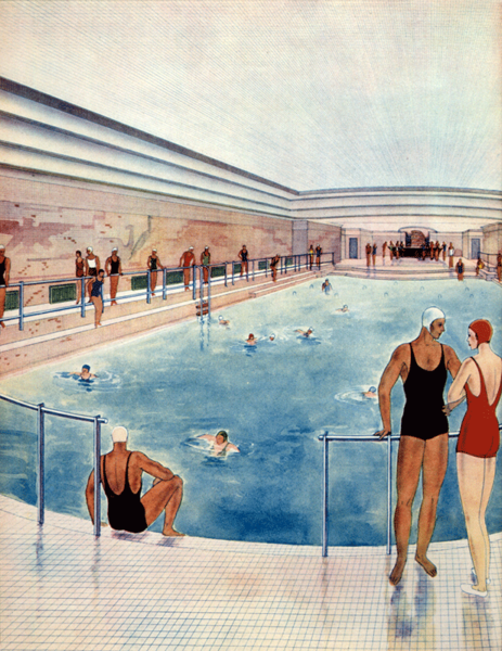 Autour de la piscine du Normandie. Illustration de Paul Iribe