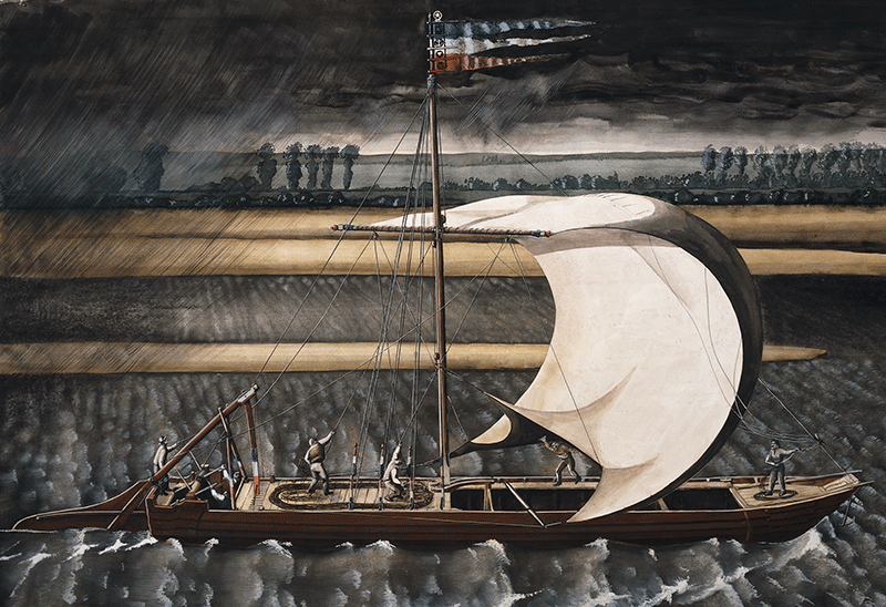 Chaland de Loire affalant sa voile devant l’arrivée d’une « ouzée » [coup de vent], œuvre de François Beaudouin. 