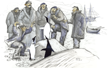 Illustration de Gildas Flahault - groupe de marins jouant avec des pingouins