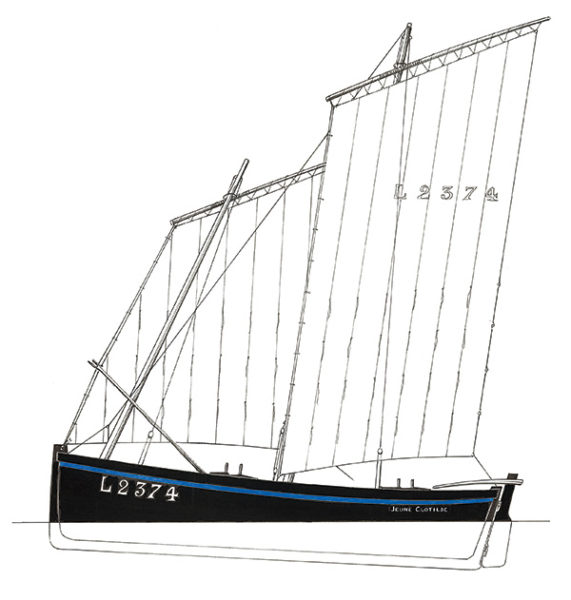 Plan de voilure de la chaloupe Jeune Clothilde construite en 1873