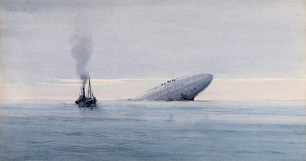 Peinture du naufrage du zeppelin allemand en 1916