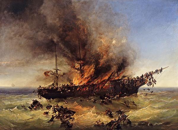 peinture bateau en feu