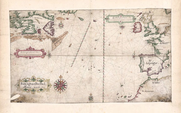 Carte de l’océan Atlantique Nord dressée  par le Havrais Paul Ollivier en 1624.