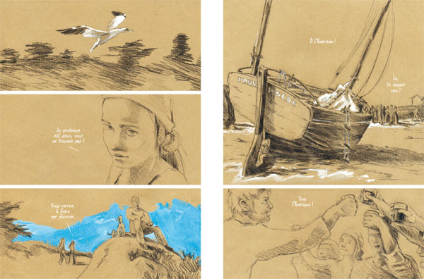 Dans sa première bande dessinée, Bleu Amer, Sophie illustre au crayon noir et à la peinture une histoire aux accents dramatiques
sur les îles Chausey.