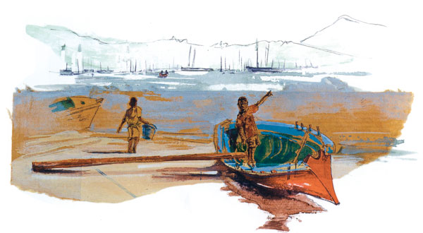 Une yole au Marin, dans le Sud
de la Martinique. Dessin paru
dans Carnet d’« Eole » – vers les Caraïbes.
