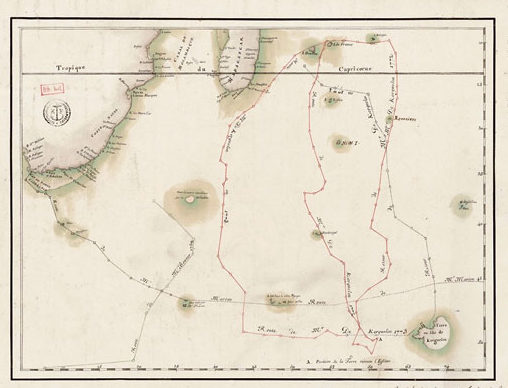 « Carte de la route de M. de Kerguelen de l’Isle de France à la terre qu’il a découverte », 1774. 