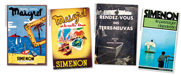 couvertures originales et « maritimes » de quelques-uns des près de deux cents romans que publie Simenon entre 1931 et 1972, dont soixante-quinze mettant en scène l’emblématique commissaire Maigret. 