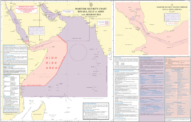 Cette carte de sûreté maritime englobe la mer Rouge, le golfe d’Aden et la mer d’Arabie. Deux secteurs sont délimités : la zone à haut risque (en rose), où les pirates sont très actifs, et (en violet) la zone de comptes-rendus volontaires du MSCHOA : les navires entrant dans ce secteur sont invités à se déclarer au centre de surveillance spécialisé