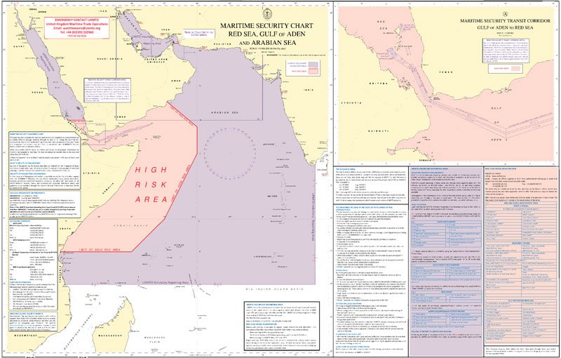 Cette carte de sûreté maritime englobe la mer Rouge, le golfe d’Aden et la mer d’Arabie. Deux secteurs sont délimités : la zone à haut risque (en rose), où les pirates sont très actifs, et (en violet) la zone de comptes-rendus volontaires du MSCHOA : les navires entrant dans ce secteur sont invités à se déclarer au centre de surveillance spécialisé