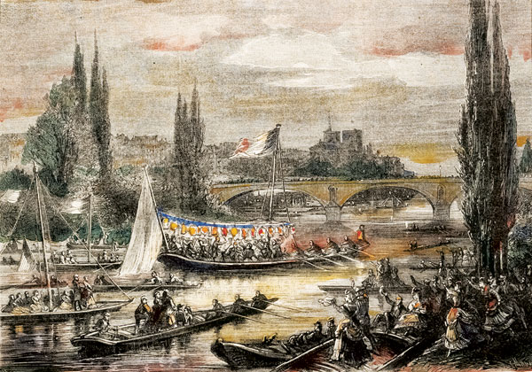 Après avoir rejoint Bercy depuis l’île Saint-Louis, le « bateau-musique » de l’Union, propulsé à la rame, regagne son point de départ.