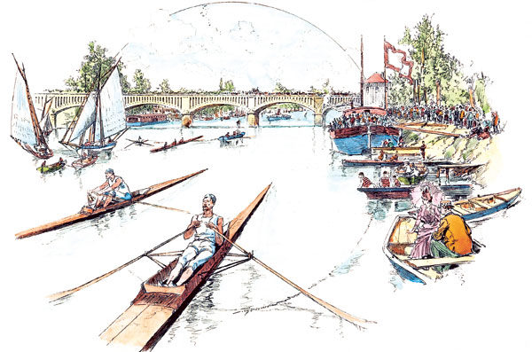 Le sport nautique, Course du championnat de France dans le bassin d’Argenteuil, dessin de M. Grenier.