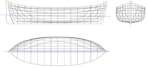 Plan de formes, hors bordé, de la maquette de chatte conservée au musée d’Histoire de Nantes, par François Vivier. L’architecte naval s’inspirera de ce relevé pour concevoir le plan d’une chatte dans le cadre d’un projet de reconstruction à La Bernerie.