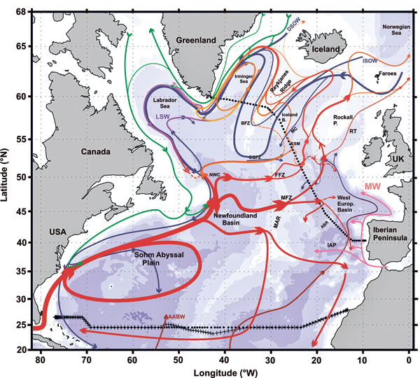 Circulation des eaux de l’Atlantique Nord sous l’effet des différences de température et de salinité, établie en 2016 à partir de mesures effectuées de 2002 à 2012