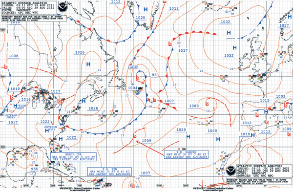 La carte d’analyse de surface de l’Atlantique montre la situation à 6 h 00, en temps universel (UTC), le 29 août 2021. L’ouragan Ida apparaît au Nord du golfe du Mexique.