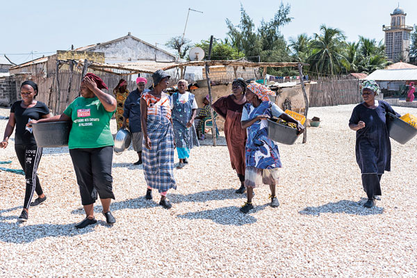 Avec leurs bassines et leurs paniers, les pêcheuses de Niodior partent travailler à l’approche de la marée basse. Plus de sept cents femmes de l’île sont ramasseuses d’arches. 