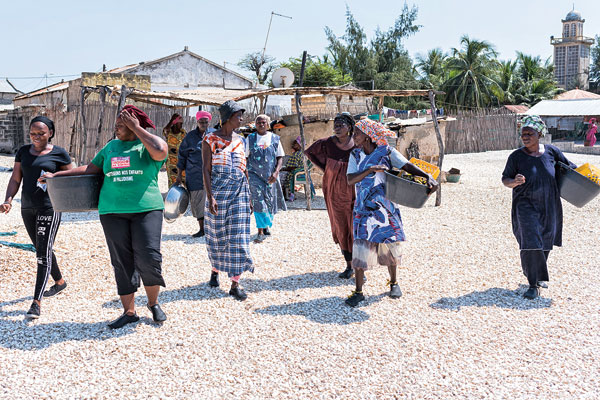 Avec leurs bassines et leurs paniers, les pêcheuses de Niodior partent travailler à l’approche de la marée basse. Plus de sept cents femmes de l’île sont ramasseuses d’arches.