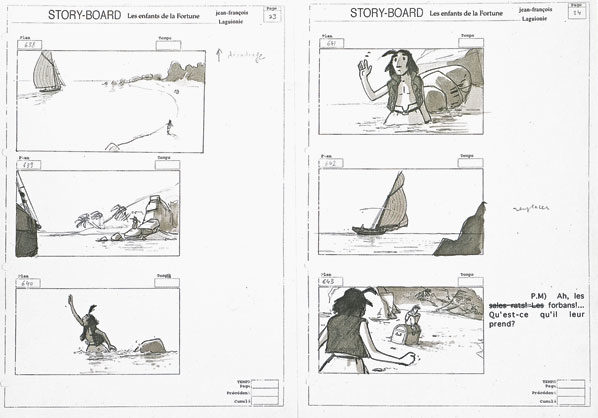 Une double page du story-board de L’île de Black Mór.
