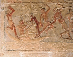 Les bas-reliefs du mastaba du vizir Ptahhotep, à Saqqarah, montrent, environ 2 400 ans avant notre ère, les embarcations construites en papyrus selon des techniques semblables à celles qui perdurent aujourd’hui en Éthiopie, à plusieurs milliers de kilomètres en amont sur le Nil.